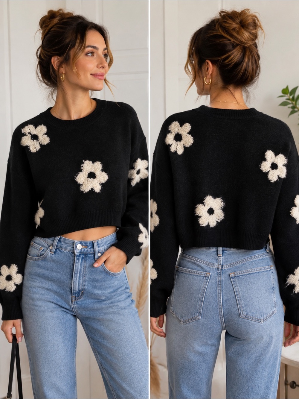 Dreamers Black Cropped Sweater Cream Floral Detail XS NWOT